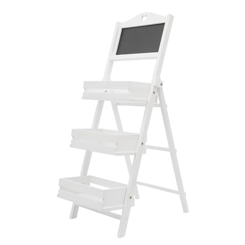 3-Tier Plant Stand Wooden Plant Rack with Chalkboard, China Fir 22.05LBS Load Foldable No Assembly, Hollow Shelf Guardrail Home Garden (White) - view 6