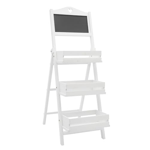 3-Tier Plant Stand Wooden Plant Rack with Chalkboard, China Fir 22.05LBS Load Foldable No Assembly, Hollow Shelf Guardrail Home Garden (White)