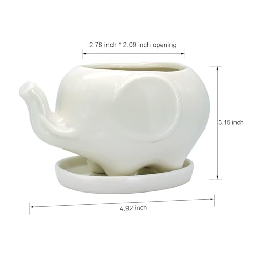 White Elephant Succulent Planter, 4 Inch Ceramic Plant Pot with Drainage Hole & Tray, Small Animal Flower Pot for Indoor Tabletop Decor, Plant Lover Gift for Home Office - view 4