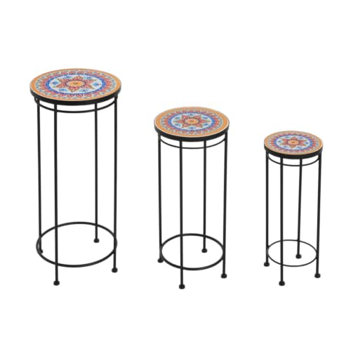Outdoor Plant Stand with Iron Legs and Ceramic Tile Top for Garden, Poolside, Backyard, Plant Table Shelf with Multi Color Flower Pattern for Balcony, Living Room - view 2