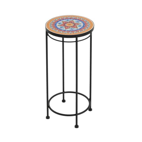 Outdoor Plant Stand with Iron Legs and Ceramic Tile Top for Garden, Poolside, Backyard, Plant Table Shelf with Multi Color Flower Pattern for Balcony, Living Room - view 3