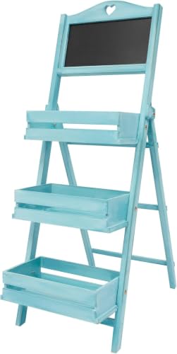 3-tier Plant Stand, Foldable Wooden Plant Rack With Chalkboard, China Fir Plant Display Shelf With Guardrails, 22.05 Lb Capacity, No Assembly Plant Holder For Home, Patio And Garden, Blue Blue