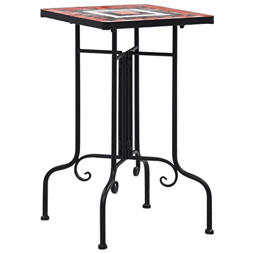 Mosaic Side Table, 13.8 x 22 Inch Terracotta and White Ceramic Tile End Table with Iron Frame, Small Outdoor Accent Table and Plant Stand for Patio, Garden, Balcony