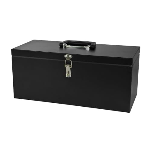 Small Steel Metal Tool Box, Lockable Storage Box for Storing Valuable Items, Office Documents, Garage Tools (16" Black)
