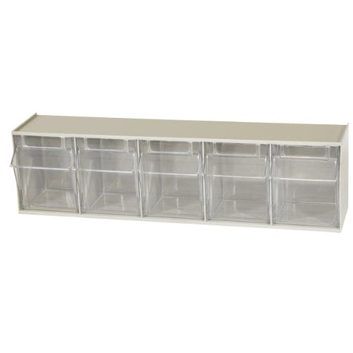 TiltView Plastic Storage Cabinet with 5 Tilt Out Bins, Horizontal Plastic Parts Organizer, Teacher Toolbox, and Office Supply Organizer, 23-5/8" W x 6-1/2" H x 5-5/8" D, Stone