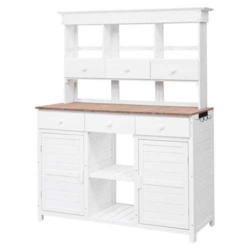 Topmax Potting Bench Table, Outdoor Garden Workstation with Hutch, 3 Shelves, 6 Drawers, 2 Cabinets, Side Hooks for Patio, Mudroom, White Finish, Ideal for Gardening Supplies - view 5