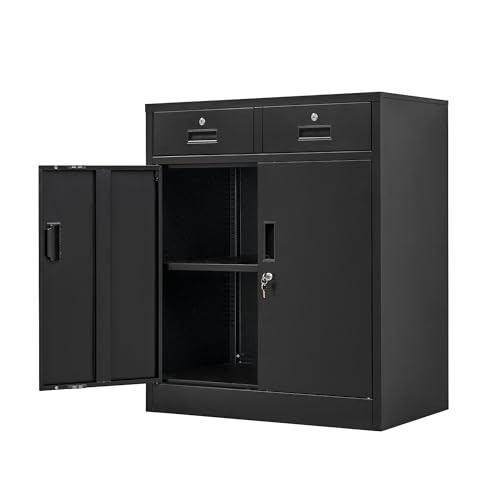 Metal Storage Cabinet, 36" H Locking Storage Cabinet with 2 Drawers and Adjustable Shelf, Metal Cabinets for Office, Garage, Home-Black