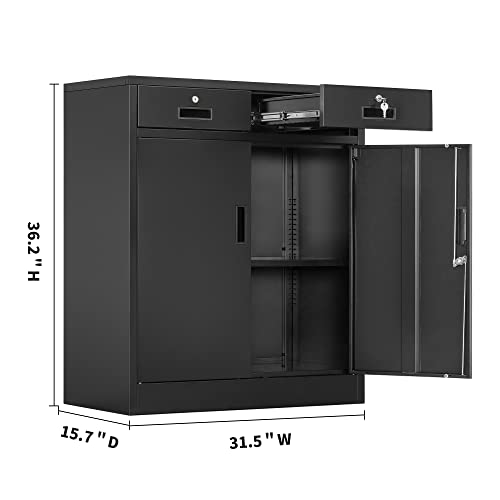 Metal Storage Cabinet, 36" H Locking Storage Cabinet with 2 Drawers and Adjustable Shelf, Metal Cabinets for Office, Garage, Home-Black - view 3