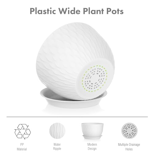 12/10/9 inch Large Plant Pots, 3 Pack Wide Flower Pots for Outdoor Indoor Plants with Water Ripples, Big Plastic Planters with Drainage Holes and Saucers for Garden House Plants, White - view 4