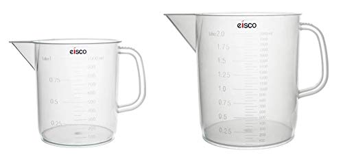 2pcs Plastic Pitcher Set, 1000mL & 2000mL (1L & 2L) - Short Form, Euro Design - Molded Graduations - Chemical Resistant & Autoclavable Polypropylene - Measuring Jug