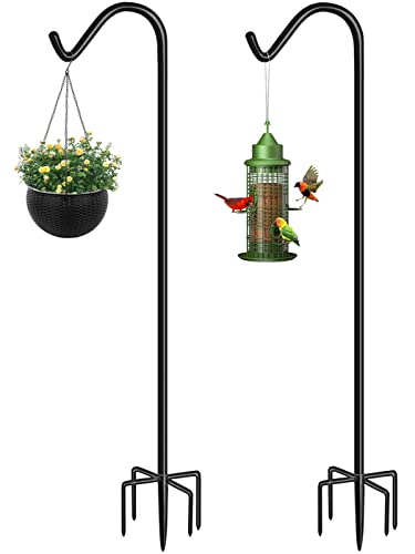 Shepherds Hook for Outdoor Bird Feeders Pole 92 Inch Tall, Adjustable Heavy Duty Garden Hanger Stake Pole with 5 Prong Base, Shiny Black (2 Packs)