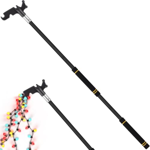 Christmas Light Pole, 31–61inch Adjustable Segmented Stainless Steel Extension Pole with Black Hooks Ideal for Hanging String Lights Holiday Decorations Clothing and Bird Feeders