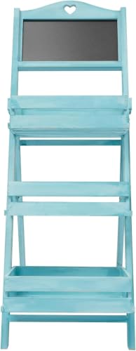 3-tier Plant Stand, Foldable Wooden Plant Rack With Chalkboard, China Fir Plant Display Shelf With Guardrails, 22.05 Lb Capacity, No Assembly Plant Holder For Home, Patio And Garden, Blue Blue - view 2