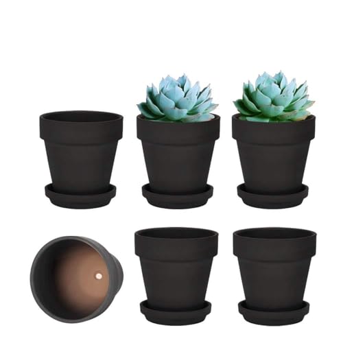 4 Inch Black Terracotta & Clay Pots with Saucer, 6 Pack