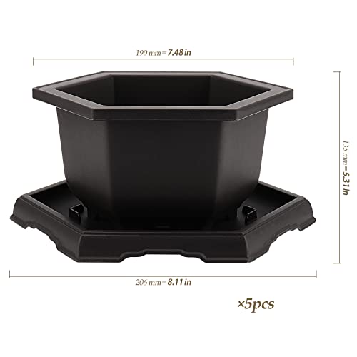 5 Pack Bonsai Pots, Hexagon Built in Mesh Plastic Bonsai Training Pots with Trays, Plant Flower Tree Growing Bonsai Planter for Garden Supplies, Yard, Office, Room, Balcony,7.4 Inch - view 2