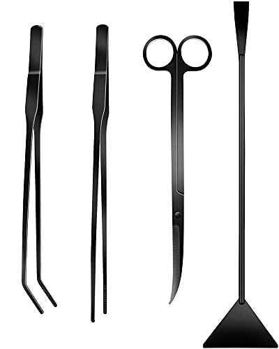 4Pcs Aquascaping Tools Kit, Long Stainless Steel Aquarium Plant Tools with Black Anti-rust Coating, Aquarium Tweezers, Scissors, and Scrapers for Aquascaping Cleaning（Magnetic Tool Holder）