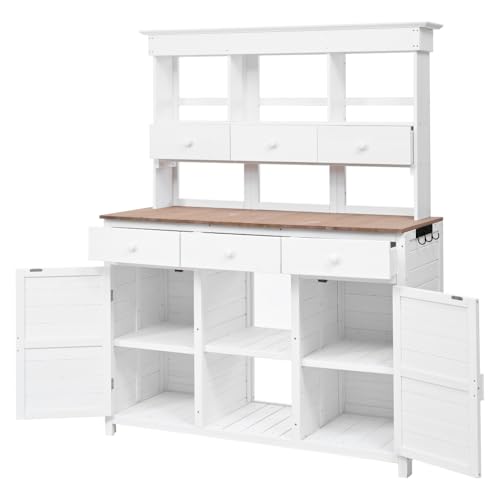 Topmax Potting Bench Table, Outdoor Garden Workstation with Hutch, 3 Shelves, 6 Drawers, 2 Cabinets, Side Hooks for Patio, Mudroom, White Finish, Ideal for Gardening Supplies - view 7