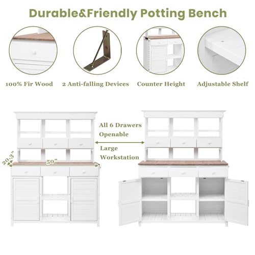 Topmax Potting Bench Table, Outdoor Garden Workstation with Hutch, 3 Shelves, 6 Drawers, 2 Cabinets, Side Hooks for Patio, Mudroom, White Finish, Ideal for Gardening Supplies - view 3