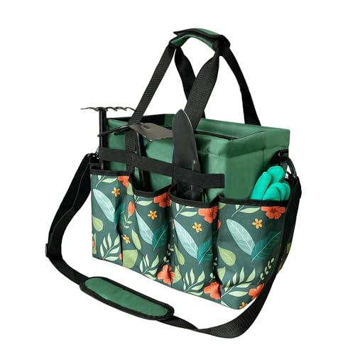 Standable Garden Tool Bag for Women, Oxford Multi-Pocket Gardening Tote with Hard Bottom & Adjustable Shoulder Strap