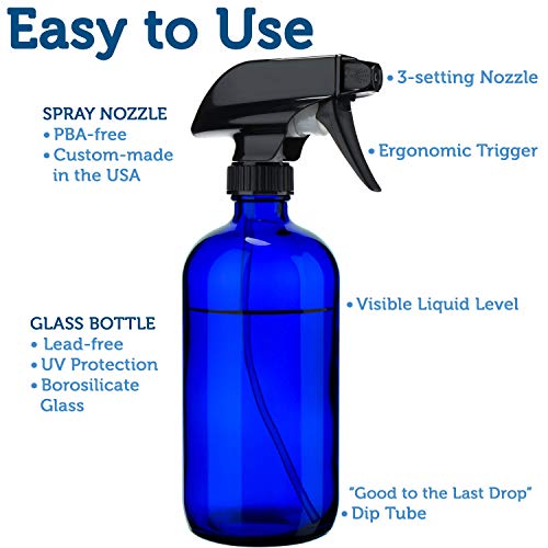 Empty Blue Glass Spray Bottles (2 Pack) - BPA Free - Large 16 oz Refillable Bottle for Plants, Pets, Essential Oils, Cleaning Products - Black Trigger Sprayer w/Mist and Stream Settings - view 2
