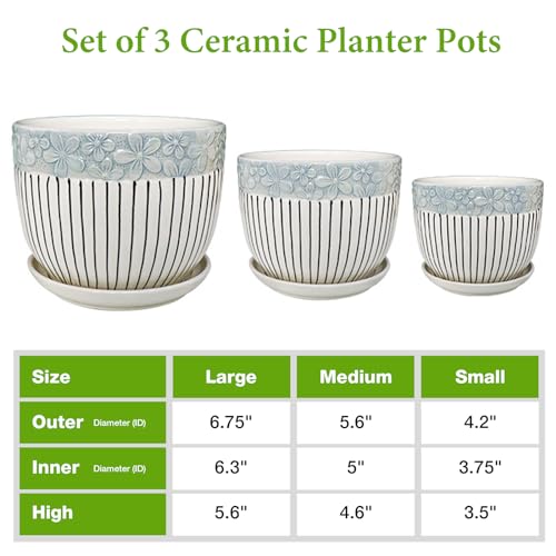Ceramic Plant Pots Set of 3, 6.75/5.6/4.2 inch Planters with Drainage Holes and Saucer, Flower Pot Outdoor Indoor, Modern Decorative Planters for House Plants Garden Planters Succulent Pots - view 2