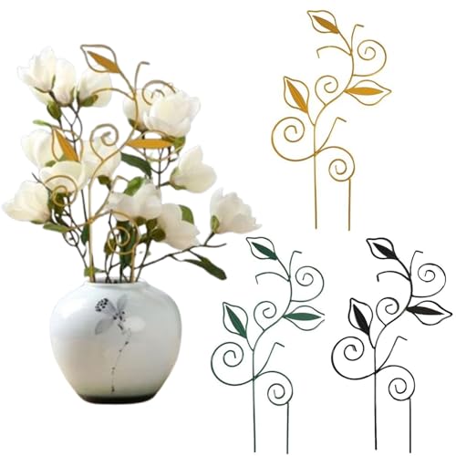 Decorative Metal Plant Trellis for Indoor Potted Plants – Leaf Shape Vine Support Stakes with 6 Plant Clips, Black/Green/Gold Garden Trellises for Climbing Plants, Vines (Black+Green+Gold 3pcs)