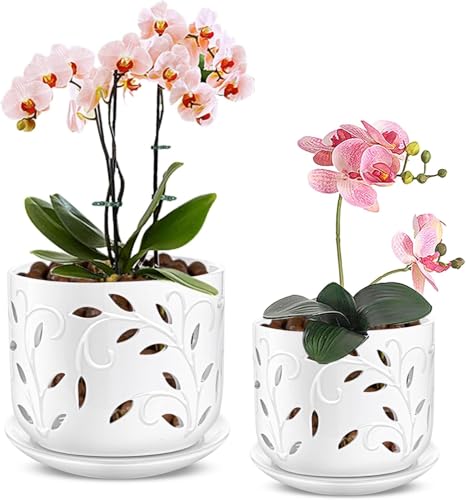 Ceramic Orchid Pots 5+6 Inch White with Drainage Holes & Tray, Breathable Airflow, Indoor & Outdoor