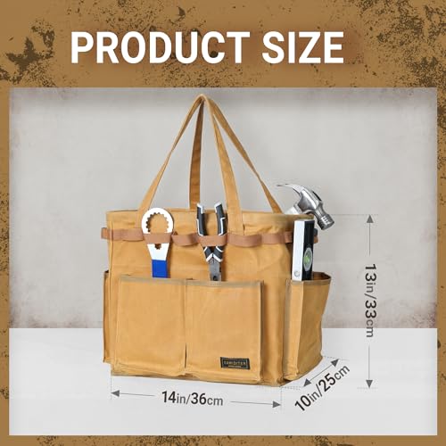 Water Resistant Gardening Tool Bag with Handles - 6 Pockets Utility Self-Standing Organizer for Camping/Garden/Car Storage, 14" x 13" x 10" | Khaki - view 2