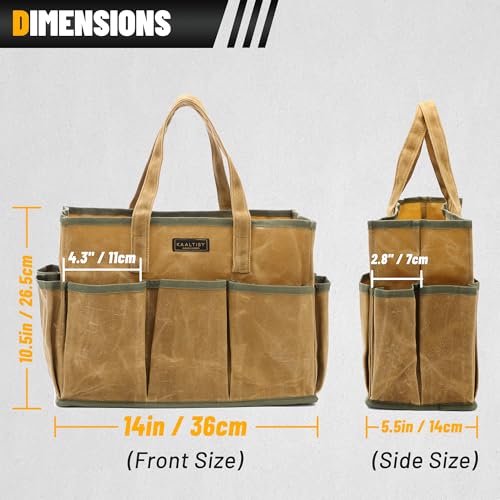 16OZ Waxed Canvas Tool Tote Bag | Large-Capacity Tool Storage Tote with 10 External Pockets | Multi-Purpose Garden Tool Carrier for Gardening, Wrench, and Carpentry Tools – Khaki - view 2