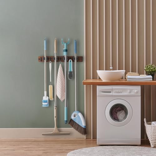 Mop and Broom Holder Wall Mount - Wood Broom Mop Hanger - Wall Mounted Garden Tool Rack Organizer for Closet Garage Laundry Room, Rustic Kitchen Decor With 4 Slots & 4 Hooks - view 5