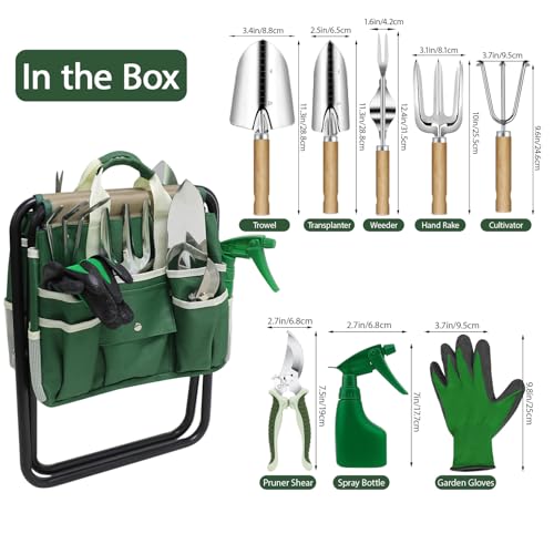 Garden Tool Set, 10 Piece Kit with Heavy Duty Folding Stool, Detachable Storage Tote Bag, Stainless Steel Tools, Gardening Gift for Women Green - view 2