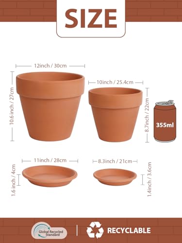 Terracotta Pot with Saucer 10&12 Inch - Ceramic Clay Pot for Plants with Drainage Hole, Large Terra Cotta Flower Planter with Tray for Indoor Outdoor Plants - view 2