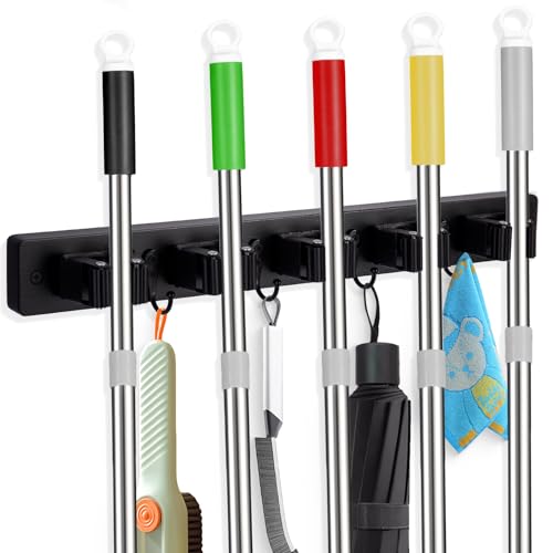 Broom Holder Wall Mount With 5 Slots & 4 Hooks，Rustic Wood Broom & Mop Hanger，Wall Mounted Garden & Garage Tool Storage Organizer Rack for Closet Laundry Room or Kitchen Wall Decor - view 5