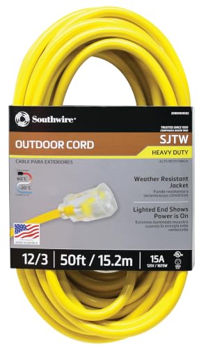 Outdoor Extension Cord – Durable Vinyl Jacket for For Farm, Ranch & Workshop - Lighted End With Reinforced Blades - SJTW, Yellow - 12 Gauge, 3 Prong - 50 Feet