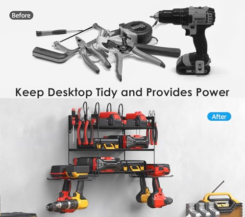 Garage Tools Storage with Charging Station. Power Tool Battery Organizer Utility Shelf with Power Strip. 4 Drills Holder Wall Mount Rack, Black 3 Layer. - view 7