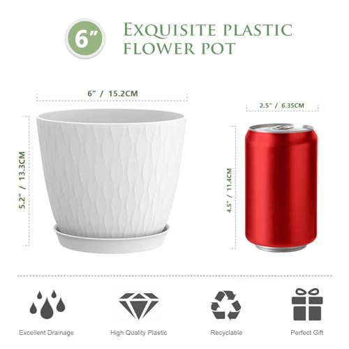 6 inch Flower Pots, 5 Pack Plant Pots with Drainage Holes and Saucers for Indoor Plants, Plastic Planters with Water Ripple for Small Garden House Plants, Nursery Pots for Succulent, White - view 2