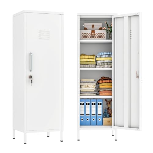 Metal Locker Cabinet, 47"H Home Office Storage Lockers, Vertical Steel Storage Cabinet with Locking Door and 3 Adjustable Shelves, Garage Tool File Cabinets for Home Office,Garage,Bathroom, White