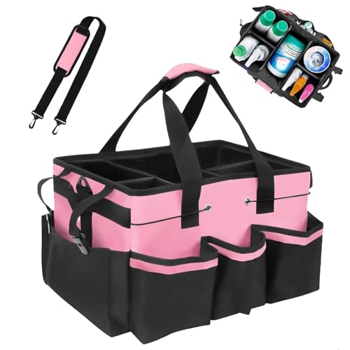 Multi - Purpose Cleaning Tool Organizer Tote Bag, Large Capacity with Adjustable Compartments, Portable Hand Strap & Adjustable Shoulder Strap for Cleaning, Gardening, Car Organization (Pink)