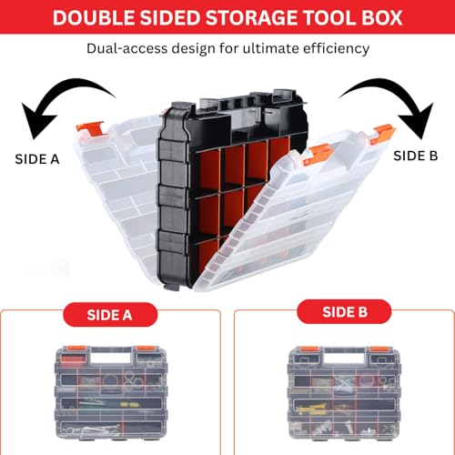 Andalus Tools Organizer Box, Small Parts Storage 34-Compartment Double-Sided Portable Hardware Organizer Removable Plastic Dividers for Screws, Nuts, Bolts, Nails – Orange (2 Pack, 12.5" x 10.5" x 3") - view 3