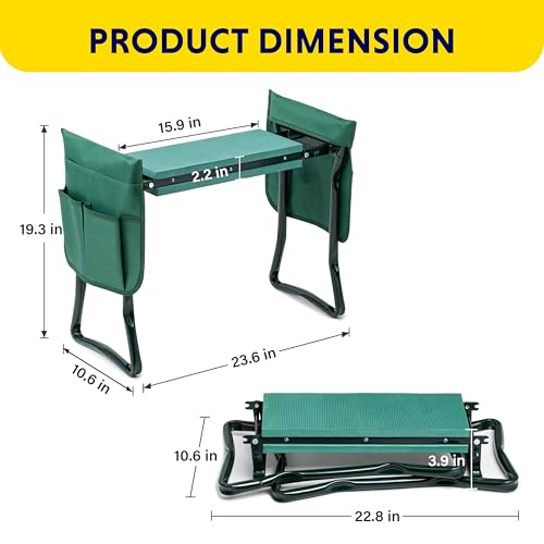 Garden Kneeler and Seat Foldable Kneeling Bench with Sturdy Soft EVA Foam Pad for Outdoor, Fishing, Camping, 2 Tool Pouches Included, Green - view 2