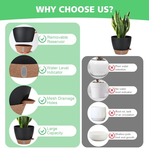 12" 10" 9" 8" Self Watering Pot for Indoor Plants, Large Plastic Planters Set with Water Level Indicator Deep Reservoir Tray, Bottom Watering Big Flower Pots with Mesh Drainage Hole - Black - view 3