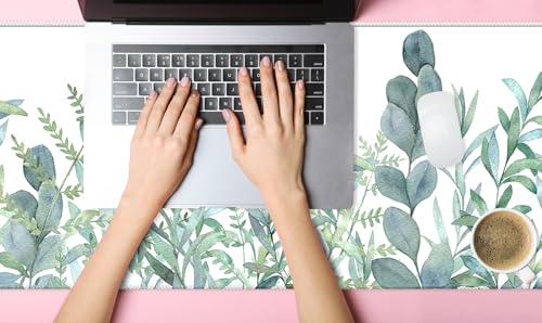 XXL Waterproof Office Desk Pad Protector 31.5x11.8 Inch - Extended Gaming Mouse Pad with Non-Slip Rubber Base, Thickened Keyboard Mat, Stitched Edges & Green Plants Design - view 2