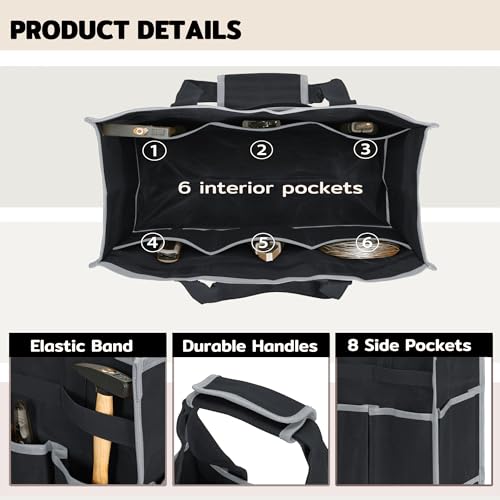 Tool Bag,Tool Pouch with 6 Pockets,Heavy Duty Waxed Canvas Garden Tool Bag Tool Case,16.5 x 7 x 12 Inch & Black - view 3