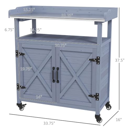 Outdoor Potting Bench, Gray Wood Table with Cabinet and Aluminum Top - view 3
