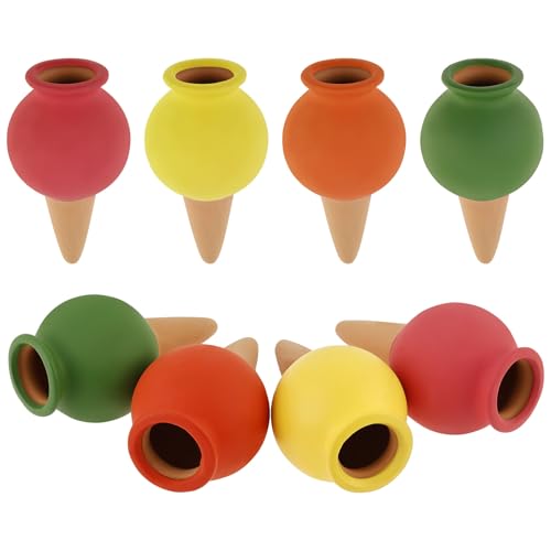 8 Pack Terracotta Self Watering Spikes - Auto Irrigation Stakes for Potted Plants, Indoor & Outdoor Plant Waterer Devices with Anti-Overflow (Easy 5 Min Setup(4 Colors)