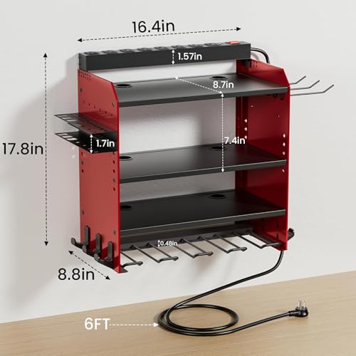 Power Tool Organizer Wall Mount with Charging Station, Garage 4 Drill Storage Shelf with Cordless Tool Holder, Heavy Duty Rack with 8 Outlet Power Strips and Hooks, Gift for Men, Husband (4 Layer) - view 6
