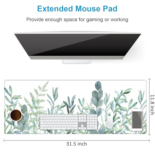 XXL Waterproof Office Desk Pad Protector 31.5x11.8 Inch - Extended Gaming Mouse Pad with Non-Slip Rubber Base, Thickened Keyboard Mat, Stitched Edges & Green Plants Design - view 3