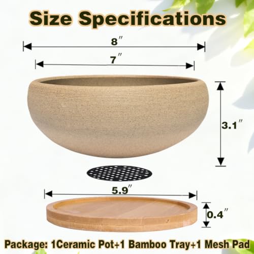 8 inch Round Unglazed Ceramic Bonsai Pot with Bamboo Tray, Shallow Plain Pottery Succulent Planter with Drainage Hole (8”) - view 2