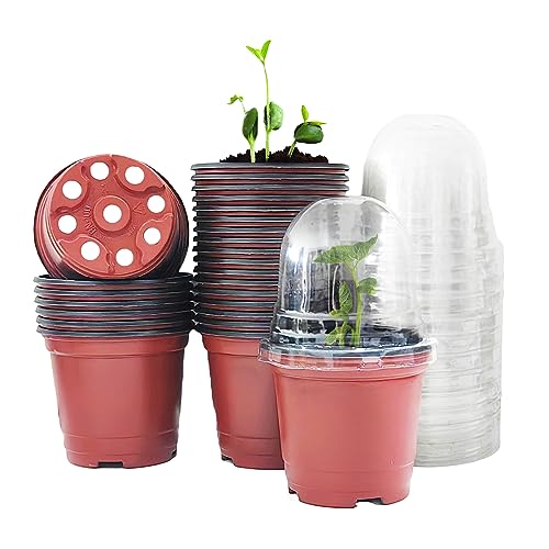 Plant Nursery Pots with Humidity Domes, 25 Sets 4 Inch Soft Nursery Pots Quality Ones (25 Red Pots + 25 Clear Lids), Seeds Starter Pots Small Planter Containers