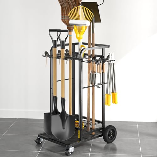 Garden Tool Organizer with Large Wheels, Heavy Duty 3-Tier Yard Tower Tool Rack for Garage, Holds Up to 35 Long-Handled Tools, Garden Tool Cart with 12 Hooks for Tool Organization Storage